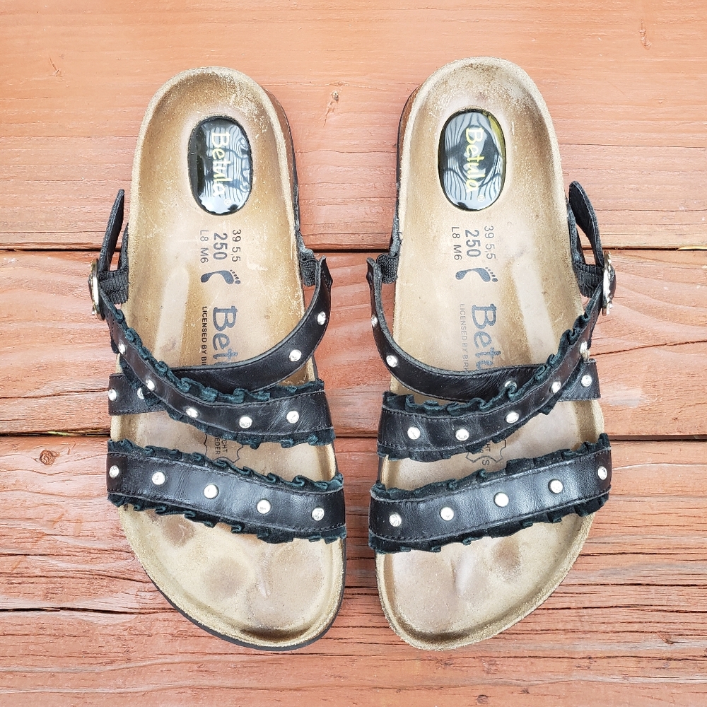 Betula Birkenstocks Black Ruffled Sandals With Silver Gems -  (L8 39) (M6 5.5)
